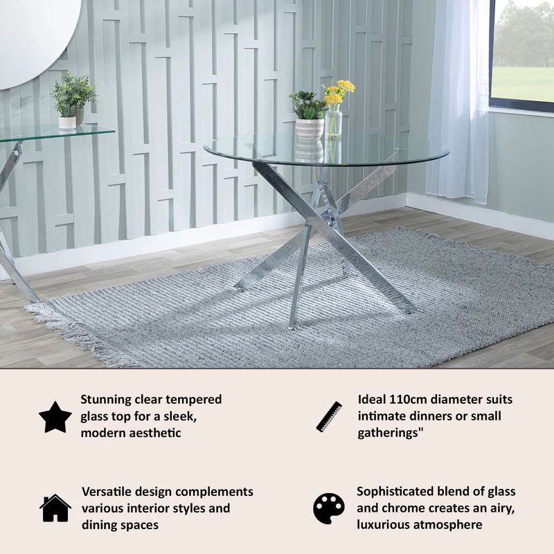 Ravenna Glass 4 Seater Round Dining Table with Chrome Metal Chopstick Legs