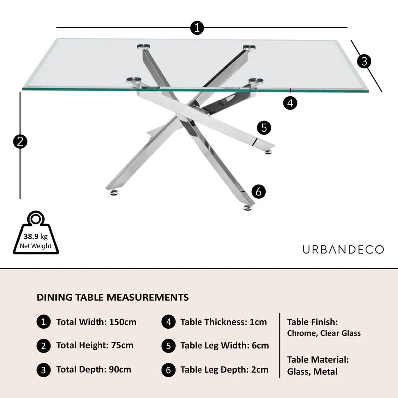 Ravenna Glass 6 Seater Dining Table with Chrome Metal Chopstick Legs