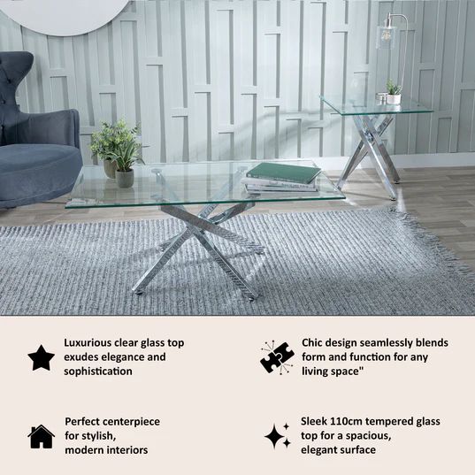 Ravenna Glass Coffee Table with Chrome Metal Chopstick Legs