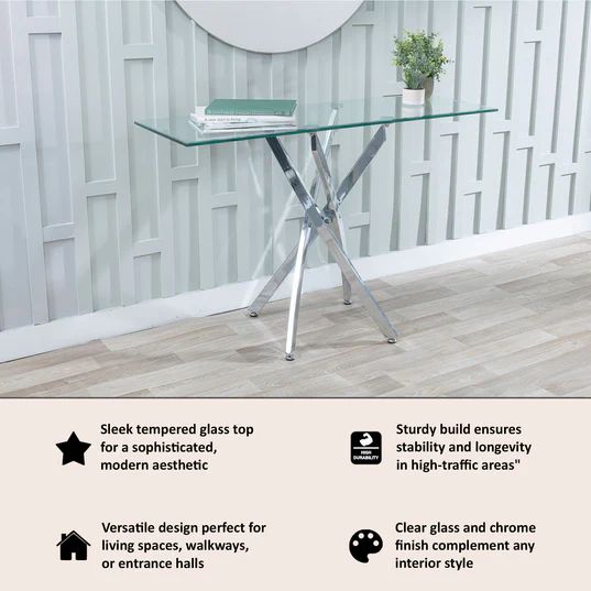 Ravenna Glass Console Table with Chrome Metal Chopstick Legs