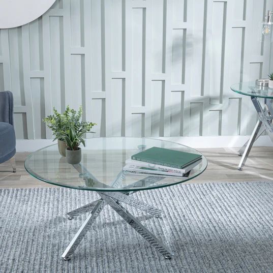 Ravenna Glass Round Coffee Table with Chrome Metal Chopstick Legs