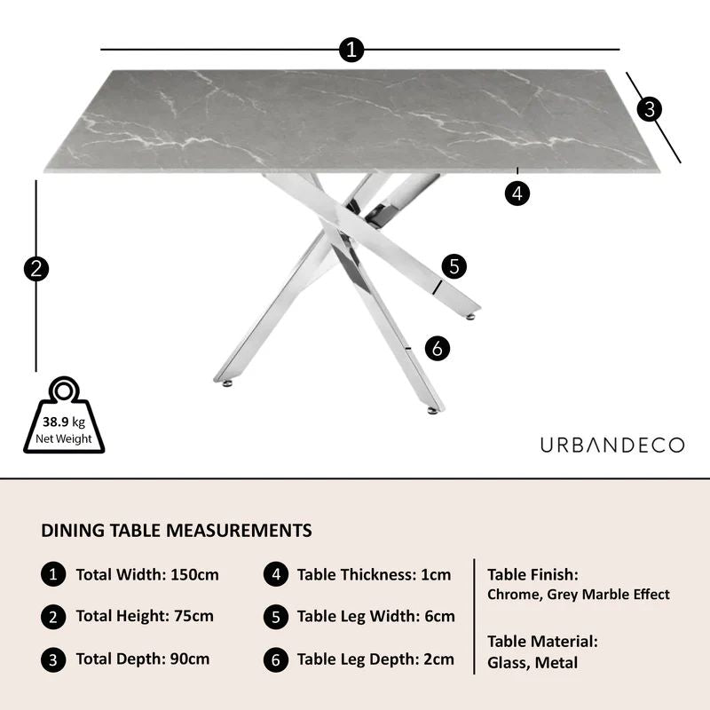 Ravenna Glass 6 Seater Dining Table with Chrome Metal Chopstick Legs