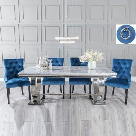 Sanremo Grey Marble and Chrome Dining Set - Fabric Knocker Back Chairs with Black Legs