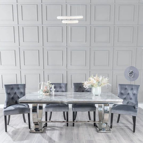 Sanremo Grey Marble and Chrome Dining Set - Fabric Knocker Back Chairs with Black Legs