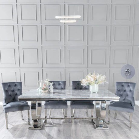 Sanremo Grey Marble and Chrome Dining Set - Fabric Knockerback Chairs with Chrome Legs