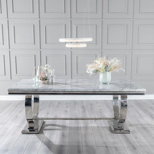 Sanremo Grey Marble and Chrome Dining Set - Parish Faux Leather Chairs