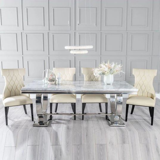 Sanremo Grey Marble and Chrome Dining Set - Parish Faux Leather Chairs