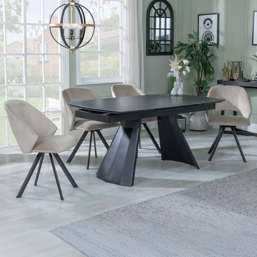 Sara Black Ceramic Extending Dining Set - Burano Velvet Fabric Swivel Dining Chair