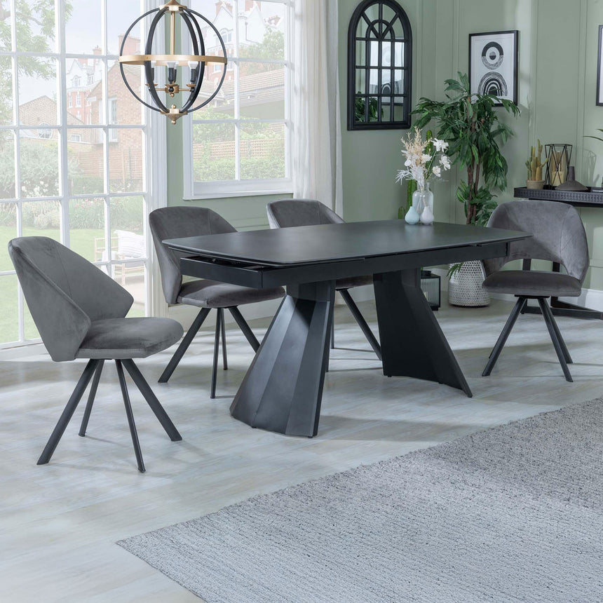 Sara Black Ceramic Extending Dining Set - Burano Velvet Fabric Swivel Dining Chair