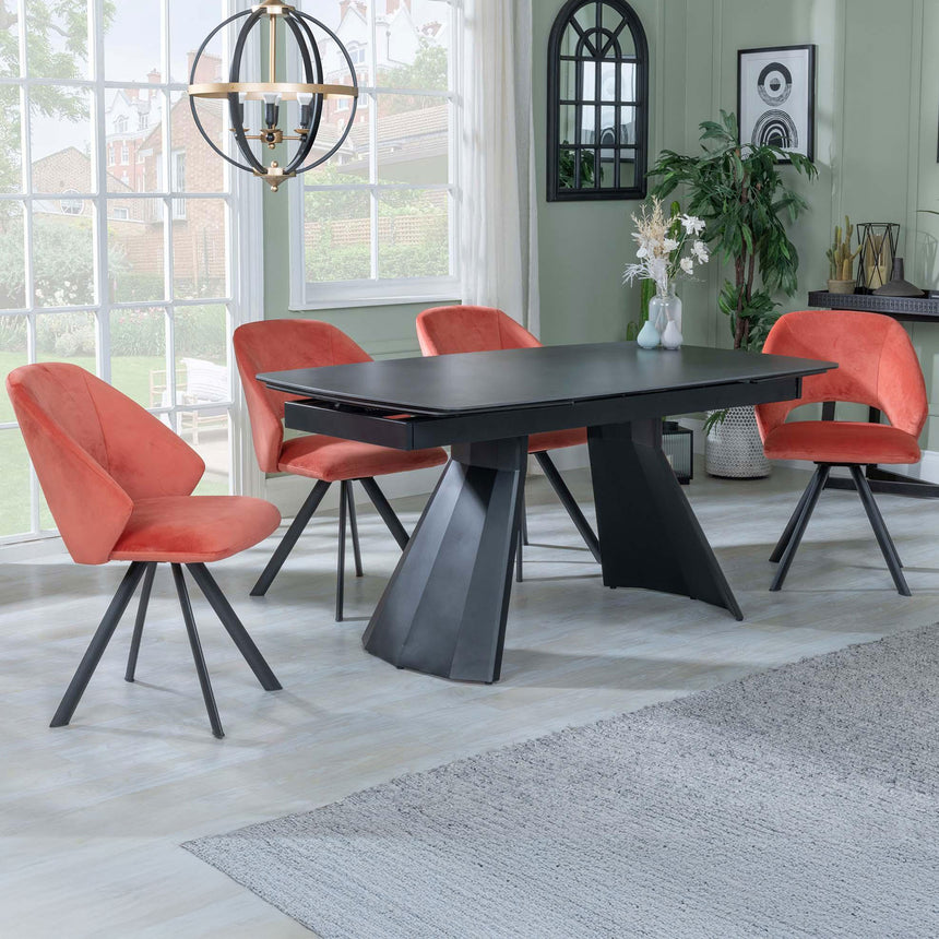 Sara Black Ceramic Extending Dining Set - Burano Velvet Fabric Swivel Dining Chair