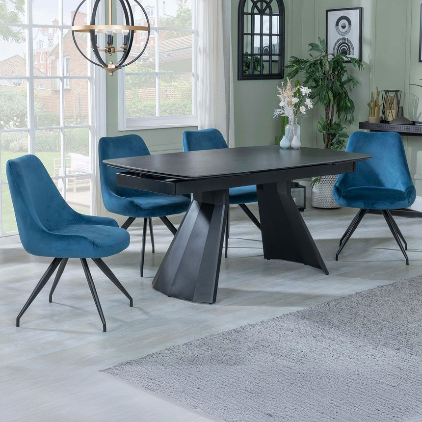Sara Black Ceramic Extending Dining Set - Diana Velvet Fabric Swivel Dining Chair