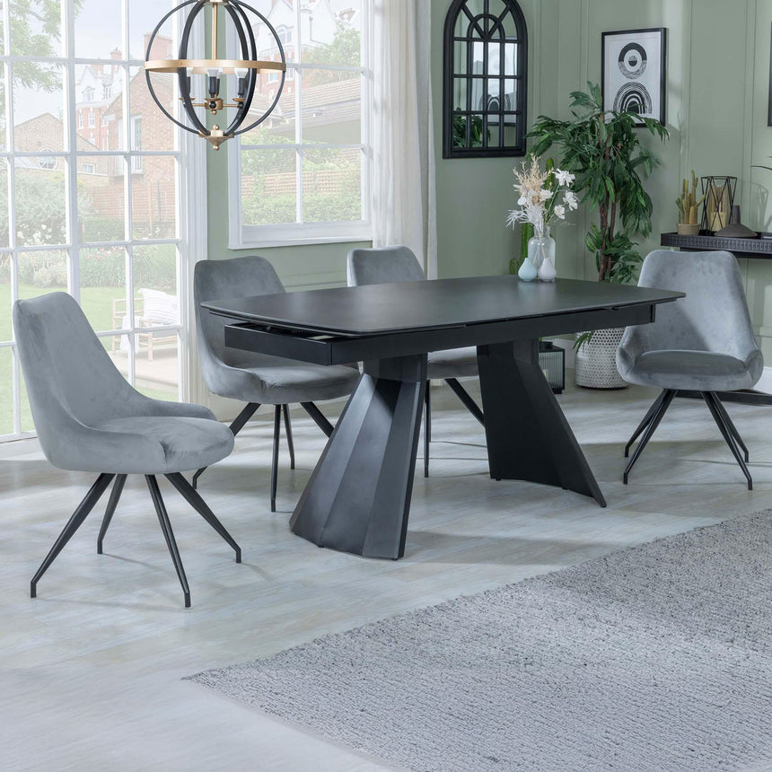 Sara Black Ceramic Extending Dining Set - Diana Velvet Fabric Swivel Dining Chair