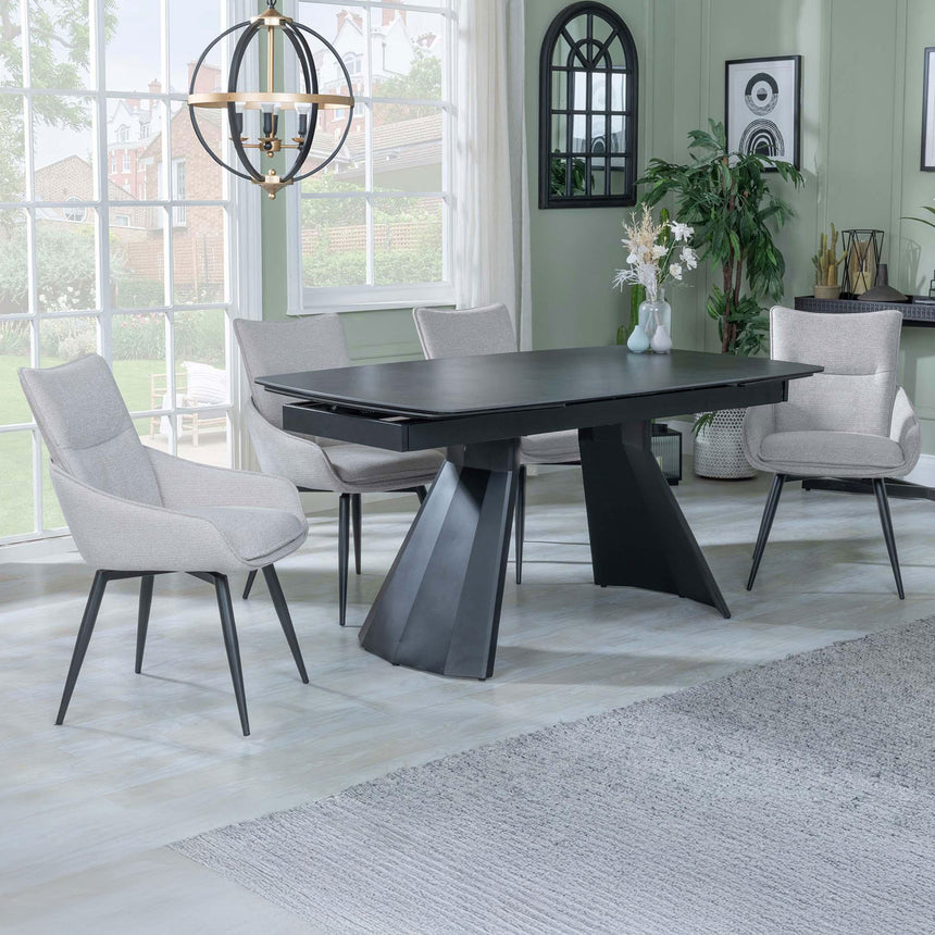 Sara Black Ceramic Extending Dining Set - Torres Fabric Swivel Dining Chair
