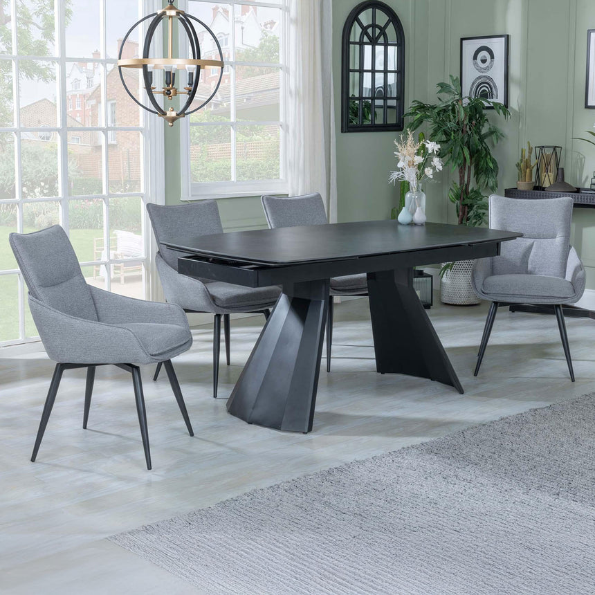 Sara Black Ceramic Extending Dining Set - Torres Fabric Swivel Dining Chair