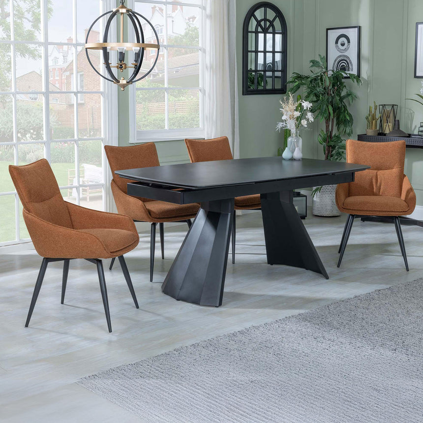 Sara Black Ceramic Extending Dining Set - Torres Fabric Swivel Dining Chair