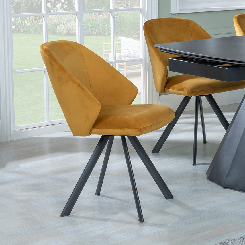 Sara Black Ceramic Extending Dining Set - Burano Velvet Fabric Swivel Dining Chair