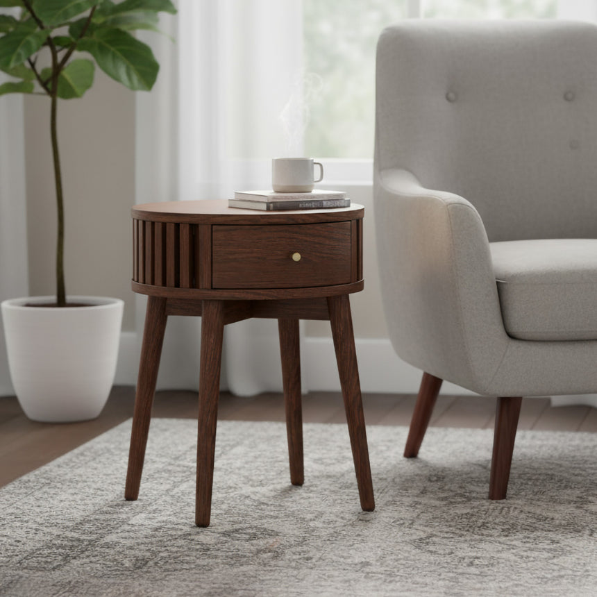 Soho Dark Oak 1 Drawer Slatted Round Side Table