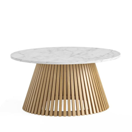 Soho Oak Slatted Round Coffee Table - White Marble Top