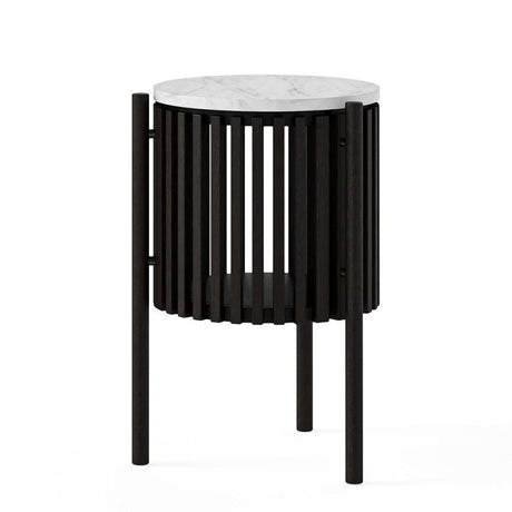 Soho Black 1 Door Slatted Story Round Side Table - White Marble Top