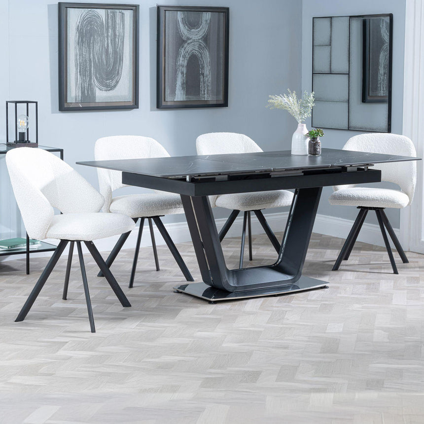 Sophia Black Ceramic Extending Dining Set - Burano Velvet Fabric Swivel Dining Chair