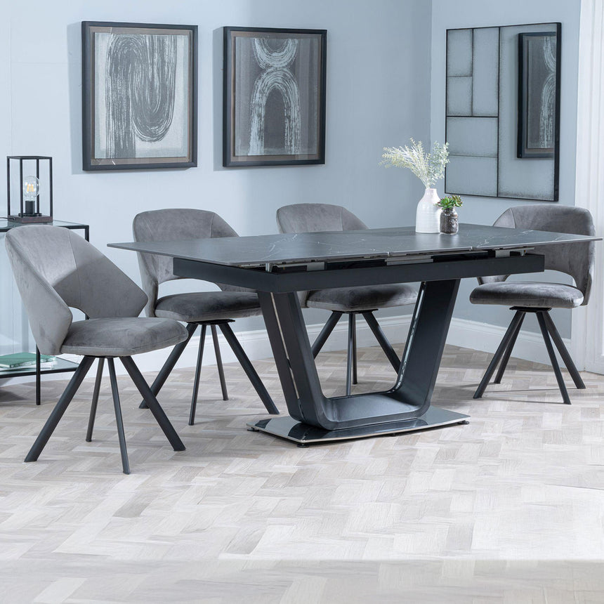 Sophia Black Ceramic Extending Dining Set - Burano Velvet Fabric Swivel Dining Chair