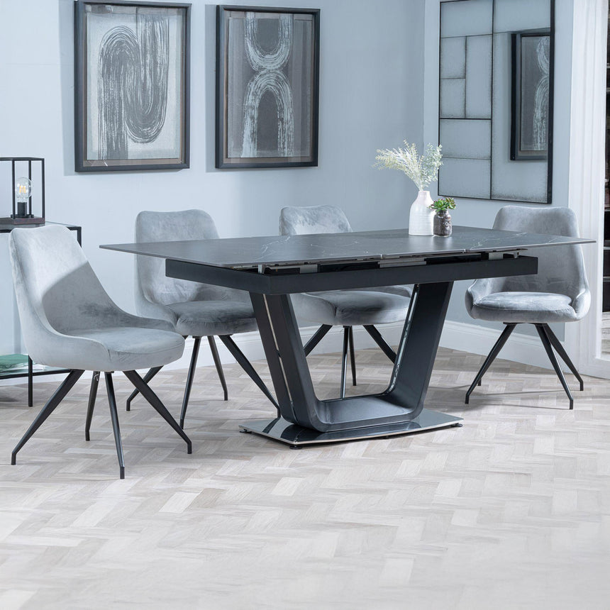 Sophia Black Ceramic Extending Dining Set - Diana Velvet Fabric Swivel Dining Chair