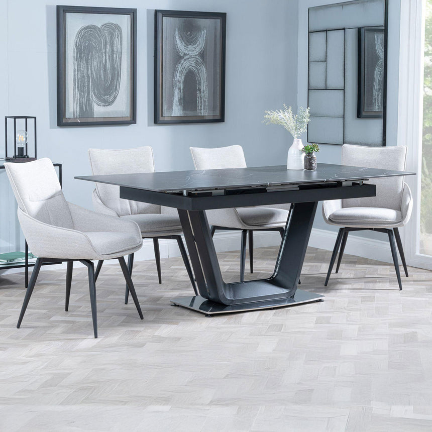 Sophia Black Ceramic Extending Dining Set - Torres Fabric Swivel Dining Chair