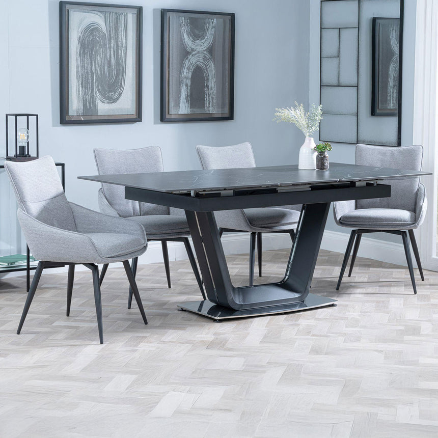 Sophia Black Ceramic Extending Dining Set - Torres Fabric Swivel Dining Chair