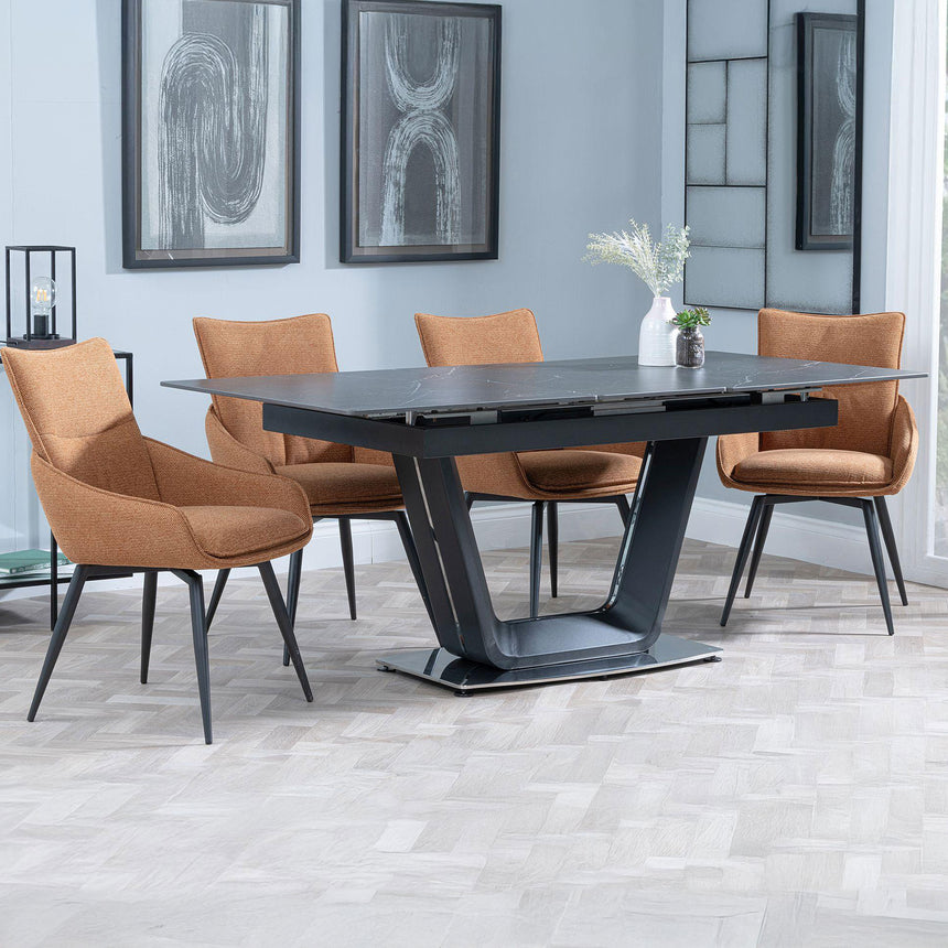 Sophia Black Ceramic Extending Dining Set - Torres Fabric Swivel Dining Chair