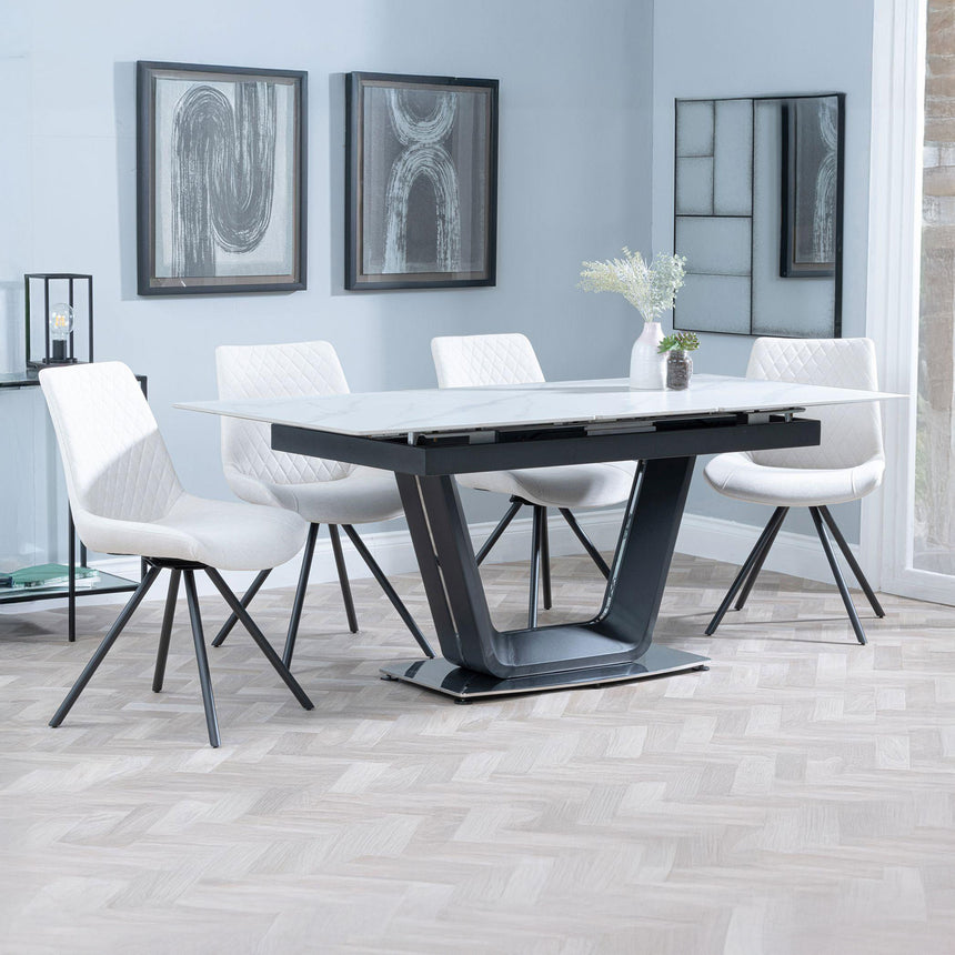 Sophia White Ceramic Extending Dining Set - Messina Fabric Swivel Dining Chair
