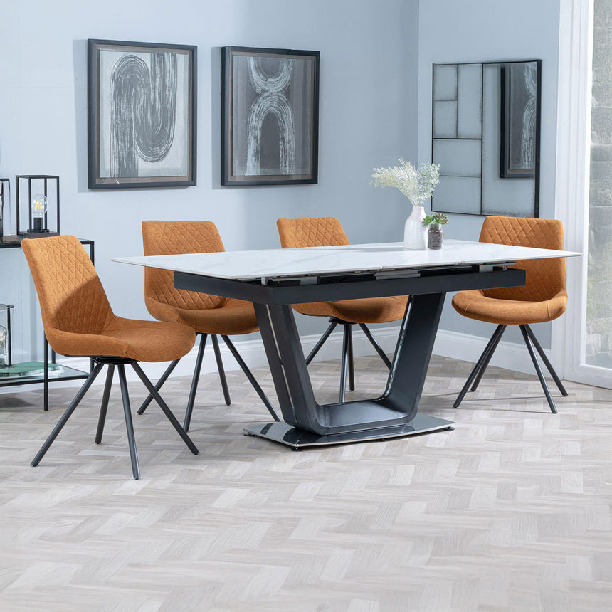 Sophia White Ceramic Extending Dining Set - Messina Fabric Swivel Dining Chair