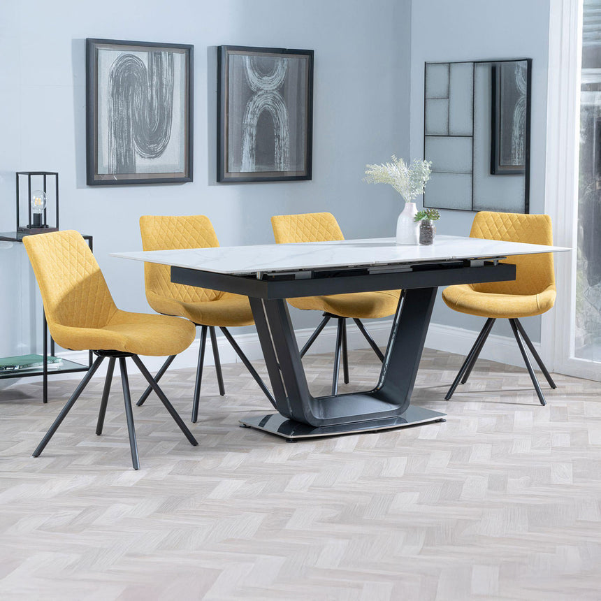 Sophia White Ceramic Extending Dining Set - Messina Fabric Swivel Dining Chair