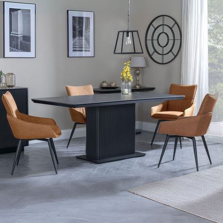 Stanmore Black Ceramic Fluted Dining Set - Torres Fabric Swivel Dining Chair