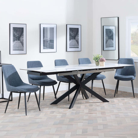 Conley White Ceramic Extending Dining Set - Rovereto Grey Fabric Dining Chair