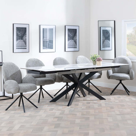 Conley White Ceramic Extending Dining Set - Altavista Grey Fabric Swivel Dining Chair