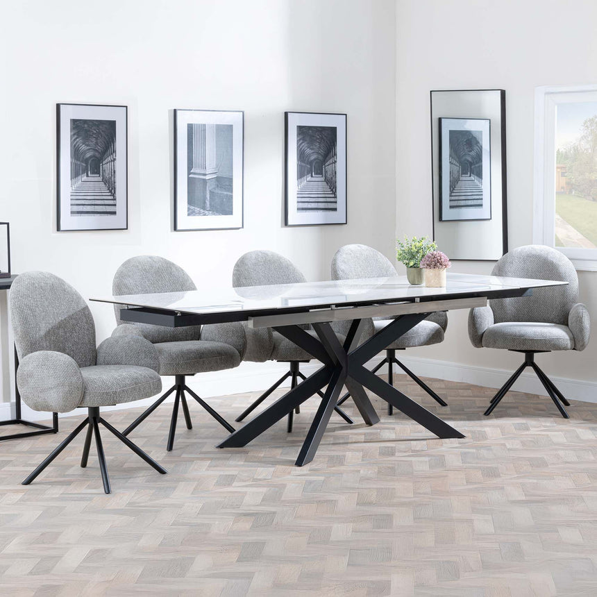 Conley White Ceramic Extending Dining Set - Altavista Grey Fabric Swivel Dining Chair