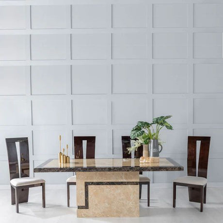 Taranto Cream Marble Dining Set - Adrano Walnut High Gloss with Beige Chairs