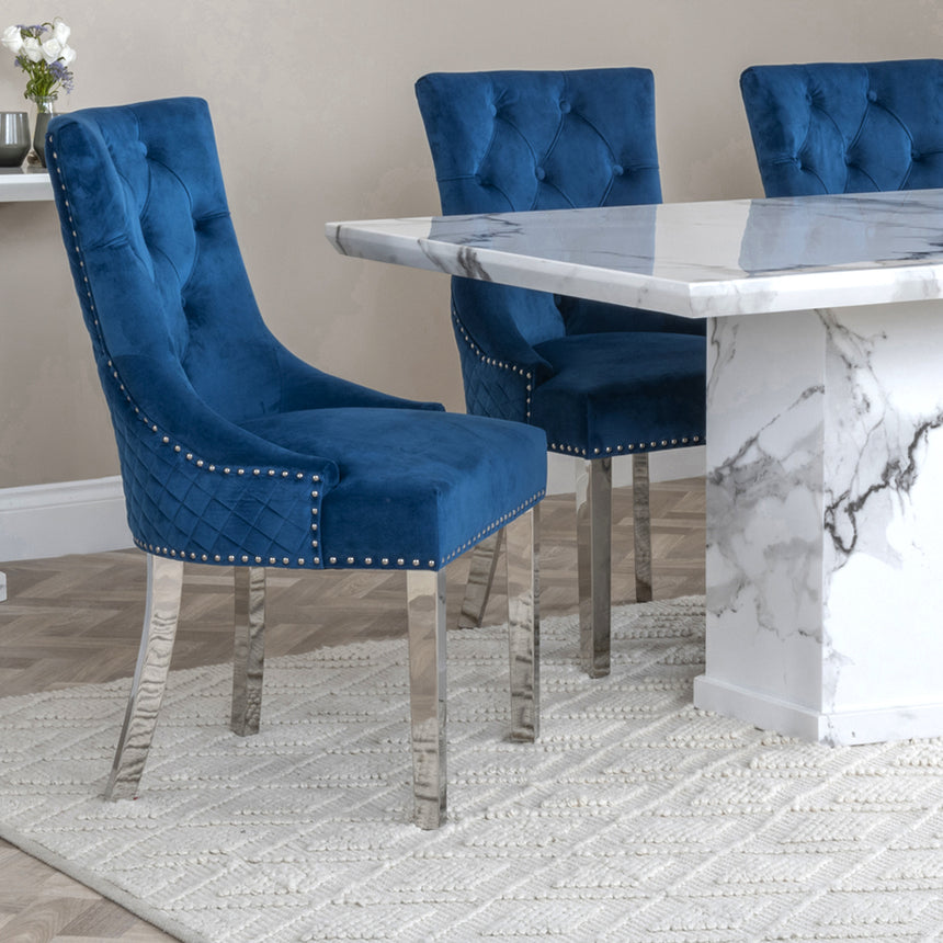 Toronto Marble Dining Set - Lion Knocker Back Velvet Fabric Dining Chair with Chrome Legs