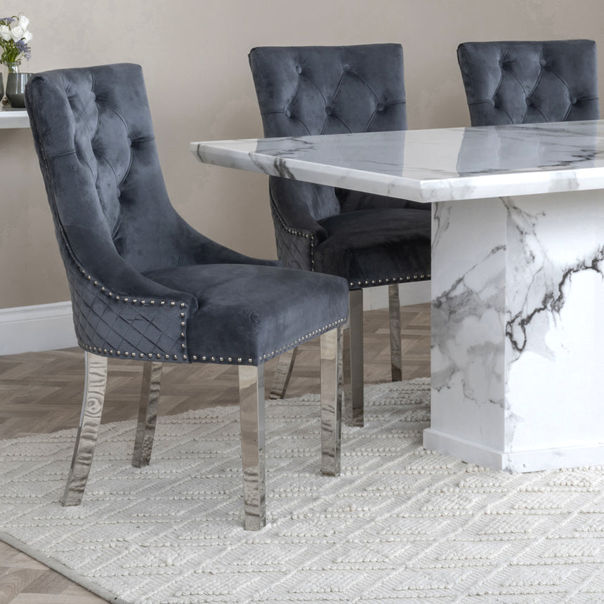 Toronto Marble Marble Dining Set - Lion Knocker Back Velvet Fabric Dining Chair with Chrome Legs