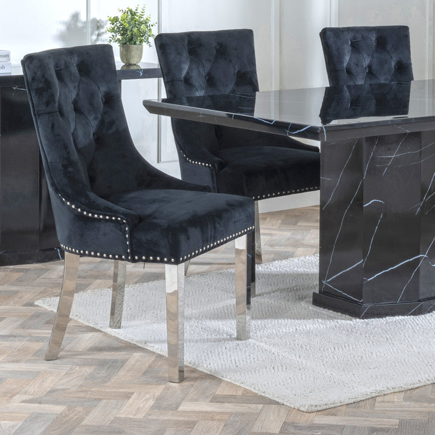 Toronto Marble Marble Dining Set - Knocker Back Velvet Fabric Dining Chair with Chrome Legs