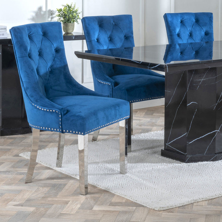 Toronto Marble Marble Dining Set - Knocker Back Velvet Fabric Dining Chair with Chrome Legs