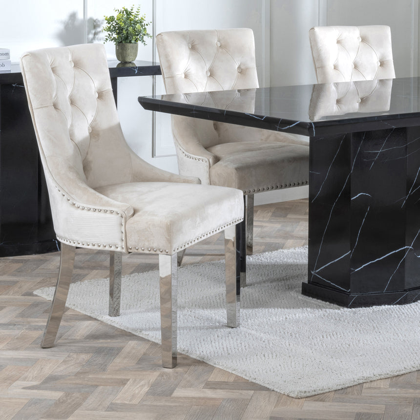 Toronto Marble Marble Dining Set - Knocker Back Velvet Fabric Dining Chair with Chrome Legs