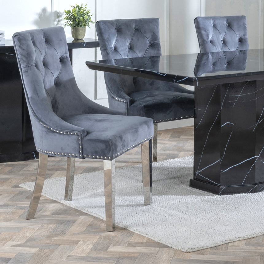 Toronto Marble Marble Dining Set - Knocker Back Velvet Fabric Dining Chair with Chrome Legs