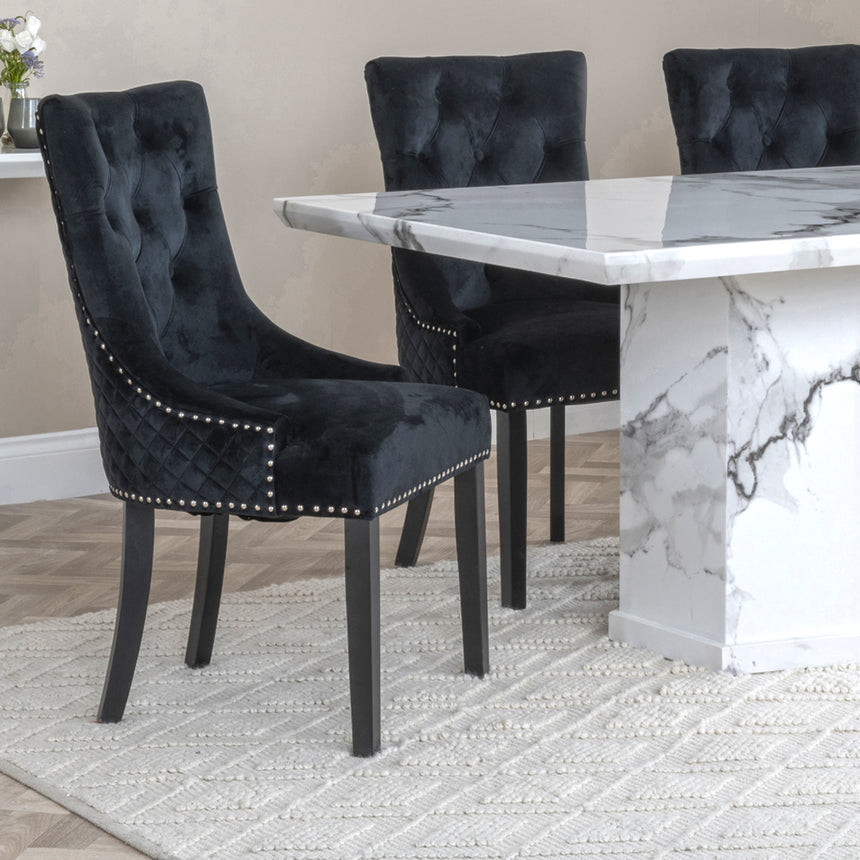 Toronto Marble Marble Dining Set - Lion Knocker Back Grey Velvet Fabric Dining Chair with Black Wooden Legs
