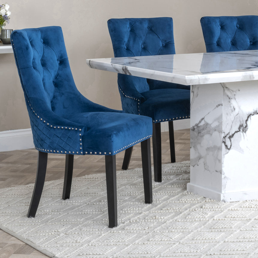 Toronto Marble Marble Dining Set - Lion Knocker Back Grey Velvet Fabric Dining Chair with Black Wooden Legs