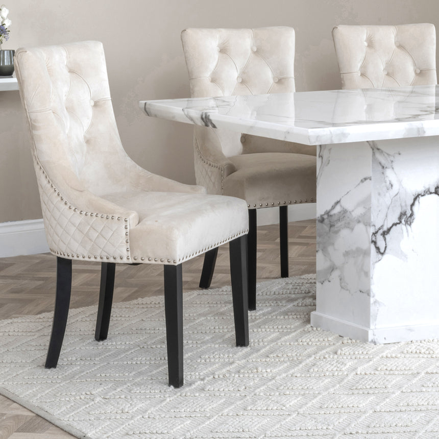 Toronto Marble Marble Dining Set - Lion Knocker Back Grey Velvet Fabric Dining Chair with Black Wooden Legs