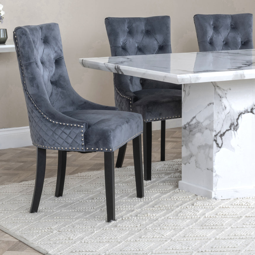 Toronto Marble Marble Dining Set - Lion Knocker Back Grey Velvet Fabric Dining Chair with Black Wooden Legs