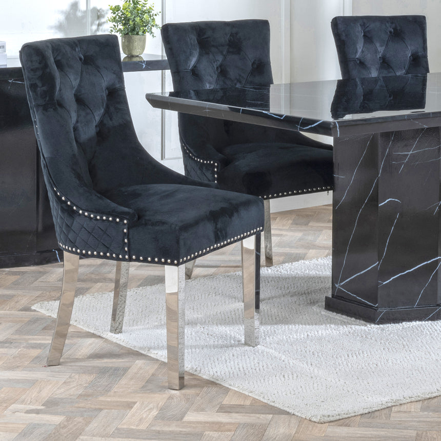 Toronto Marble Marble Dining Set - Lion Knocker Back Velvet Fabric Dining Chair with Chrome Legs