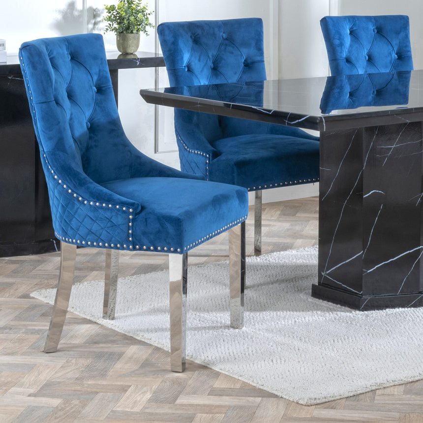 Toronto Marble Marble Dining Set - Lion Knocker Back Velvet Fabric Dining Chair with Chrome Legs