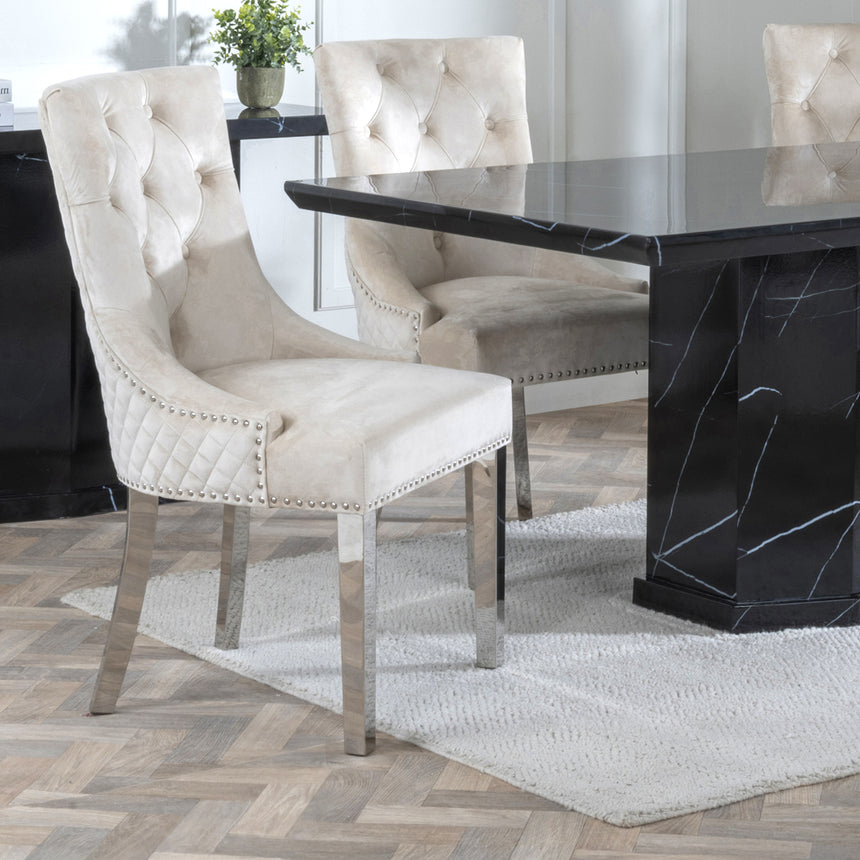 Toronto Marble Marble Dining Set - Lion Knocker Back Velvet Fabric Dining Chair with Chrome Legs